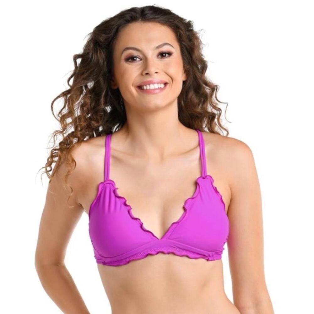 Hobie Women Bikini Top Size L Violet Purple Ruffle Strappy Tie Back NWT